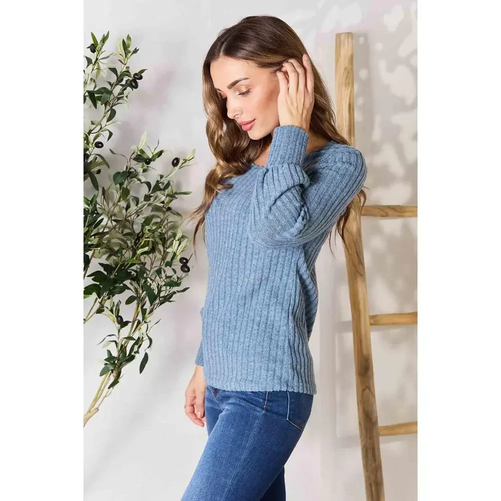Double Take Ribbed Round Neck Lantern Sleeve Blouse - Picture 12 of 15